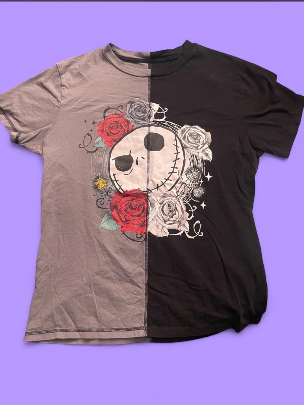 Two-Tone Jack Skellington with Roses Short Sleeve Tee in Gray and Black